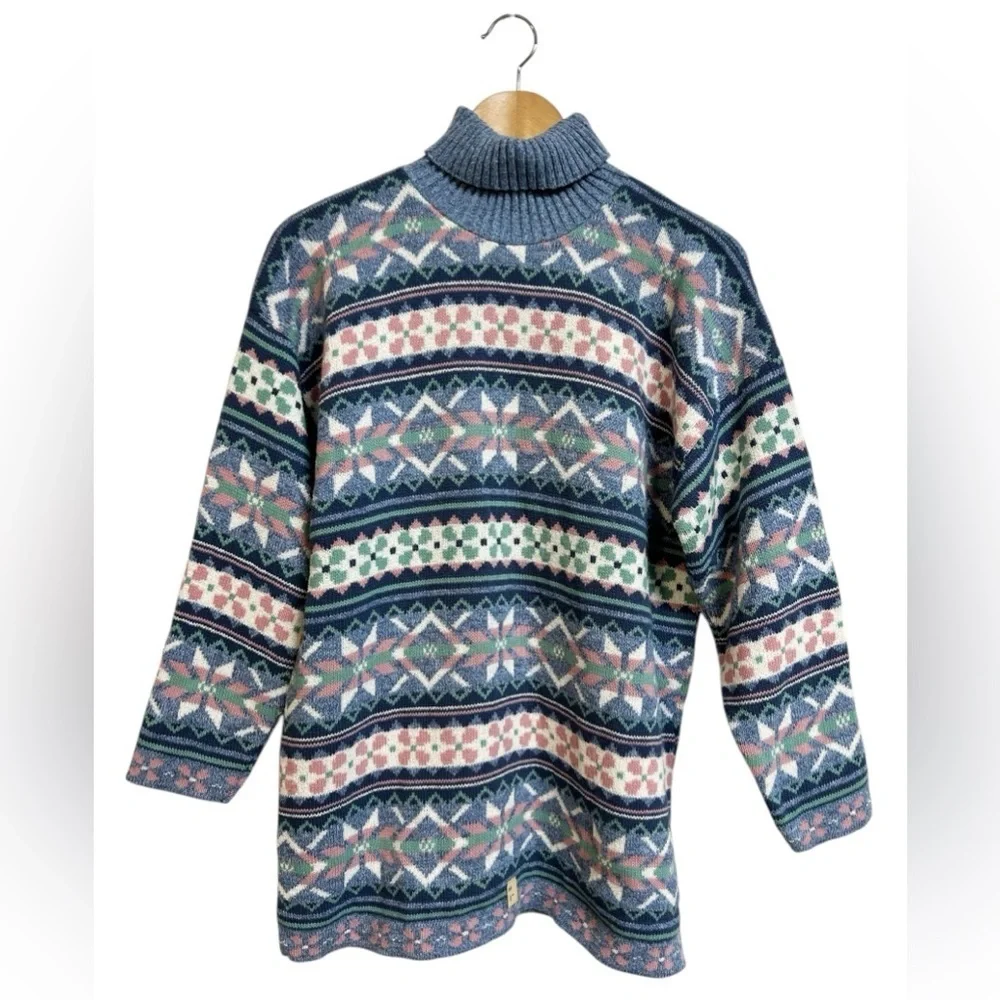 Vintage Winter Fair Isle Turtleneck Sweater Blue Multicolor Cozy Knit Large NWT